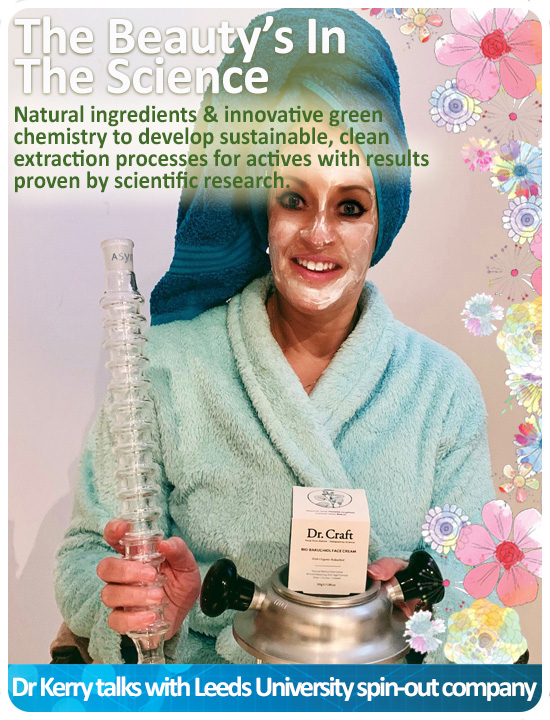 Dr Kerry Elgie with DrySyn oil-free heating block and CondenSyn waterless air condenser and the Dr. Craft face cream. Designed by Science, Manufactured from Nature