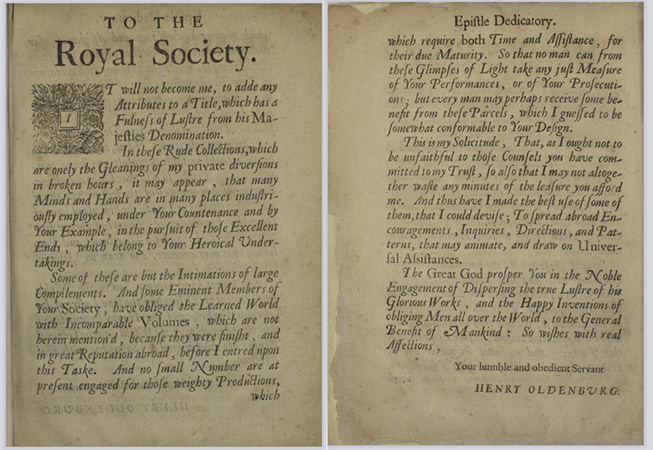 The Royal Society - and the first dedicatory from Philosophical Transactions in 1665