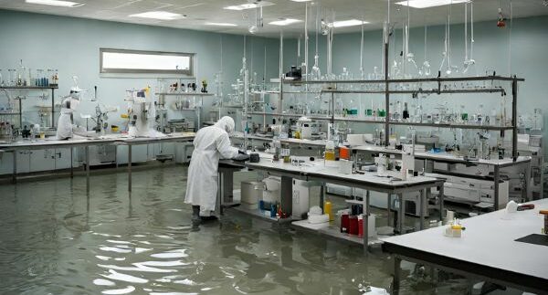 flooded chemistry lab from using water condensers prior to the introduction of CondenSyn waterless air condensers from Asynt. AI generated image.