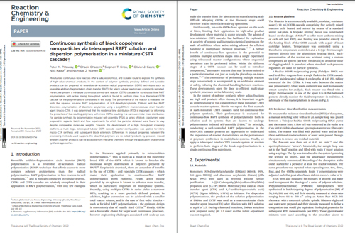 Continuous synthesis of block copolymer nanoparticles via telescoped RAFT solution and dispersion polymerisation in a miniature CSTR cascade